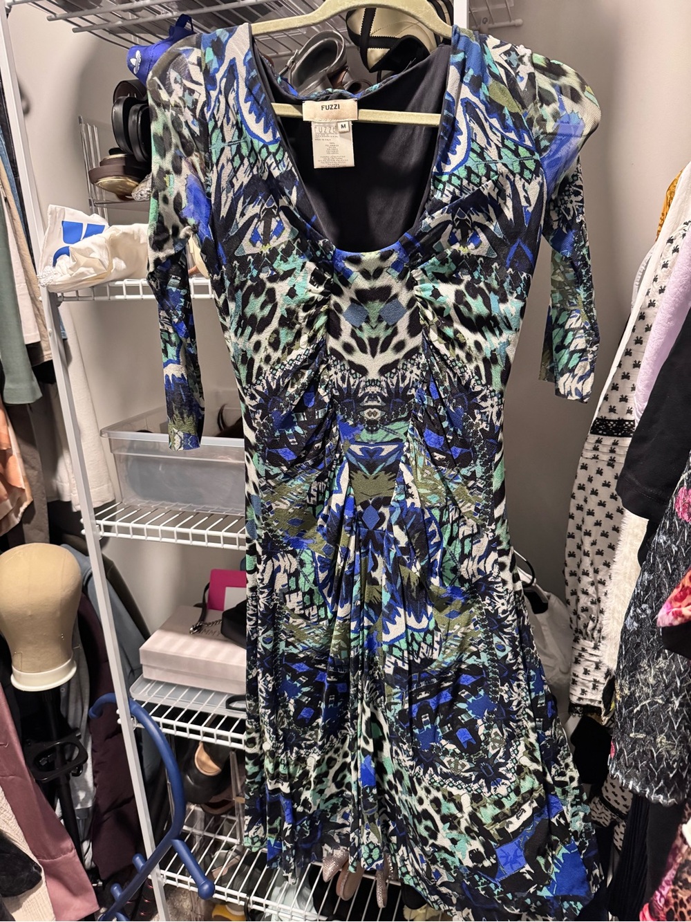 Fuzzi Blue & Green Printed Long-Sleeve Midi Dress